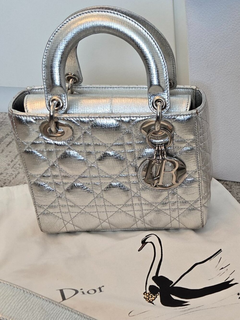 Lady Dior in Small metallic silver